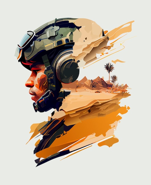 Vettore un'immagine di un soldato con una scena del deserto sullo sfondo.