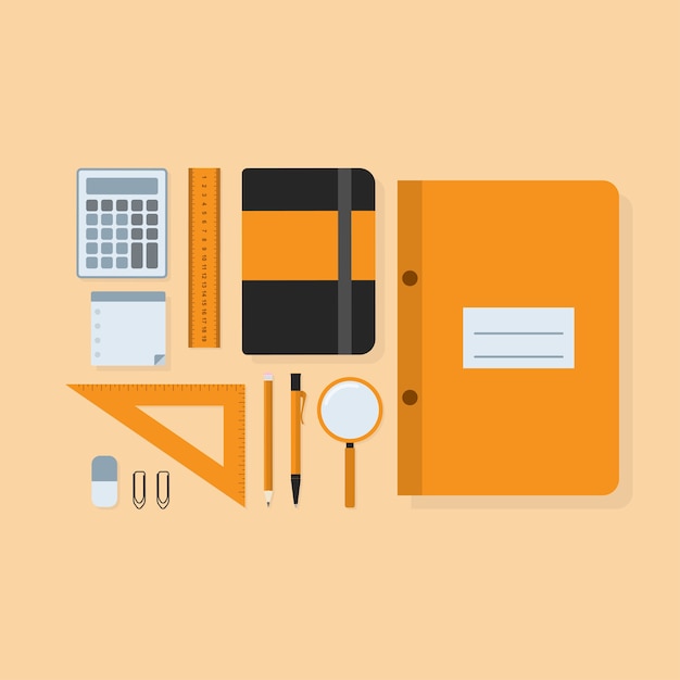 Vettore immagine di accessori di studio: righelli, penna, matita, calcolatrice, adesivi, quaderni ecc., illustrazione di stile