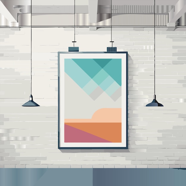 a picture of a sunset hangs on a brick wall