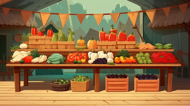 Vector a picture of a table with fruits and vegetables on it