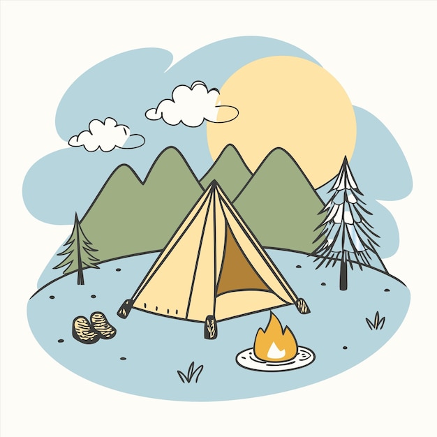 a picture of a tent and a campfire with a campfire on it