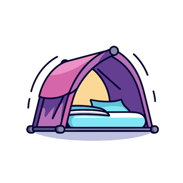 A picture of a tent with a blue and purple pillow and a pillow.
