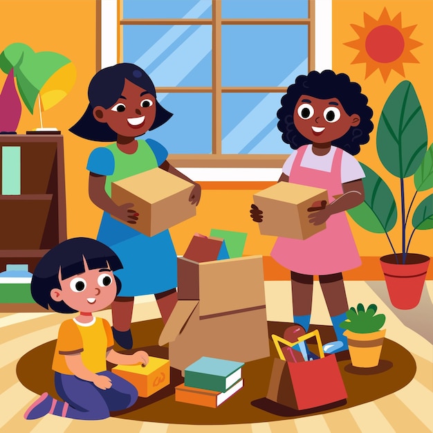 Vector a picture of three children playing with boxes of presents