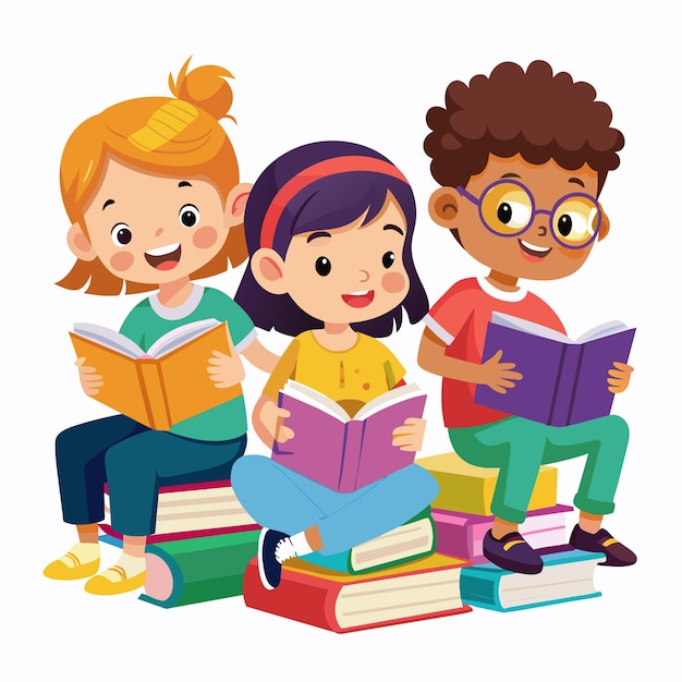 a picture of three children reading books with one reading a book