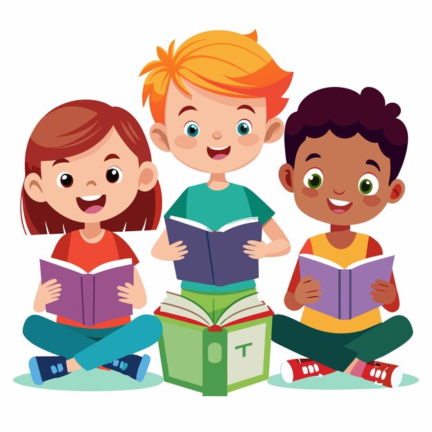 a picture of three children reading books with the word quot t quot