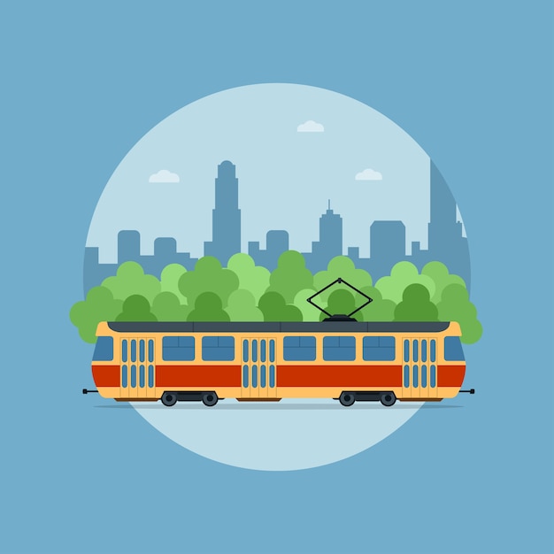 Picture of a tram in front of the trees and big sity silhouette
