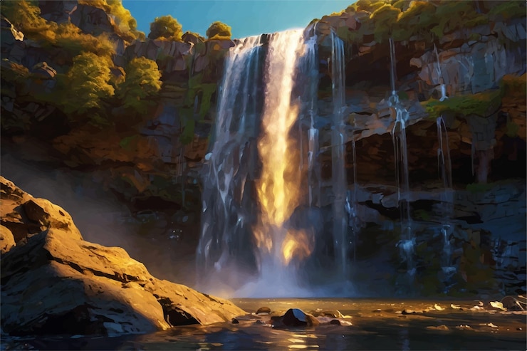 Vector a picture of a waterfall with the sun shining on it