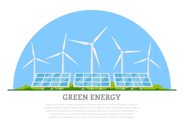 Vector picture of wind turbines and solar panels,   concept banner of renewable wind and solar energy