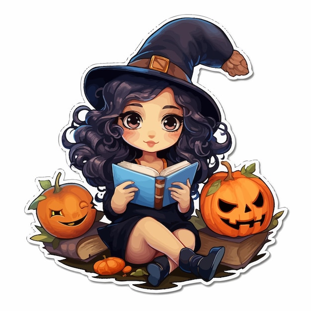 a picture of a witch reading a book with a witch on it.