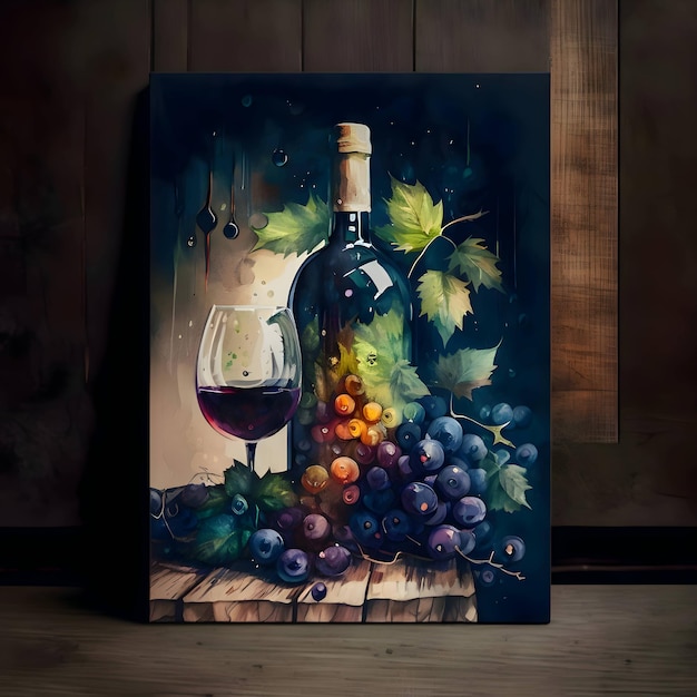 Picture within a picture a bottle of wine glass and grapes