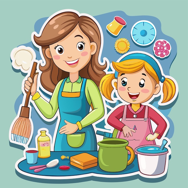 Vector a picture of a woman and a girl cooking in a kitchen