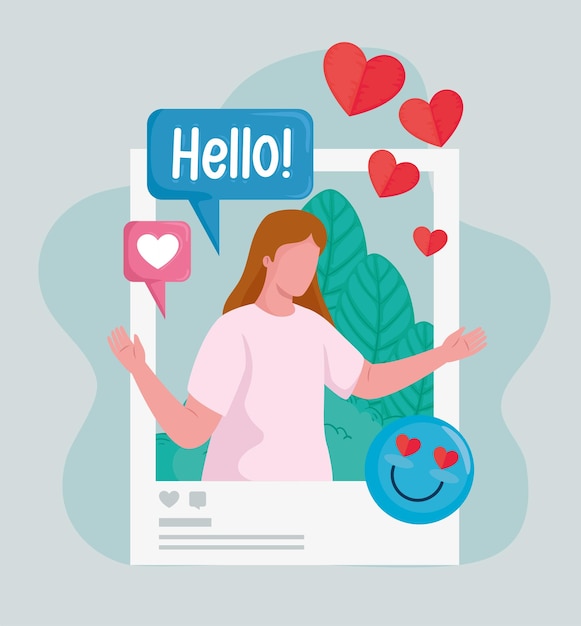 Immagine donna con cuori e emoji social media icone illustrazione