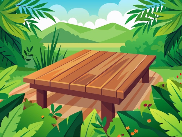 a picture of a wooden bench with a green background with a wooden deck