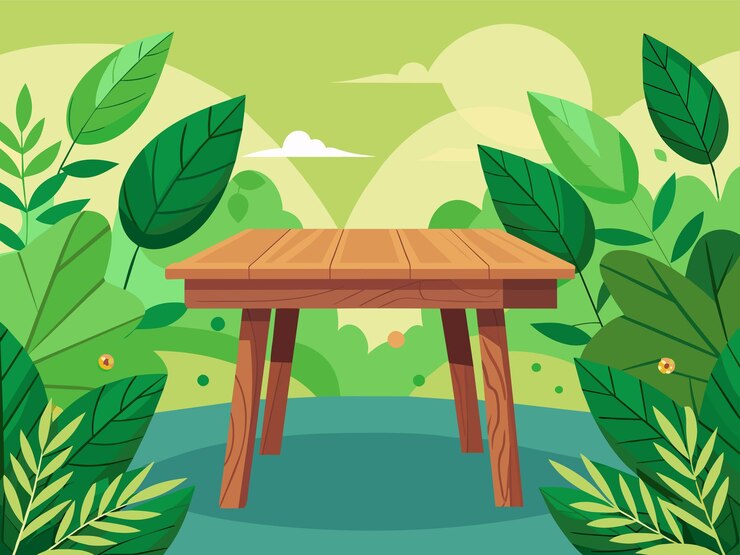 Vector a picture of a wooden bridge with plants and trees in the background