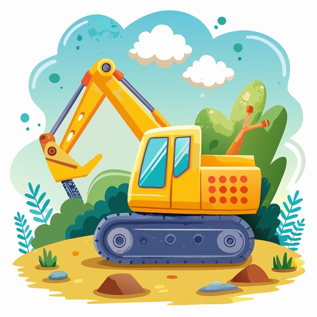 a picture of a yellow crane with trees and a blue sky