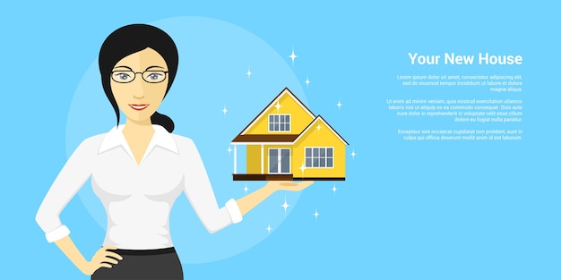 Picture of young woman holding new house on her palm, house advertisement,  style illustration