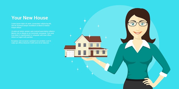 Picture of young woman holding new house on her palm, house advertisement,  style illustration