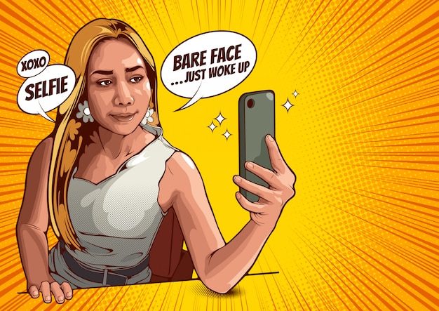 Immagine delle giovani donne che prendono selfie con il telefono cellulare, illustrazione.