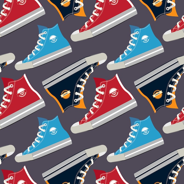 Pictures of colored sneakers. vector seamless pattern with fashion footwear shoelace illustration