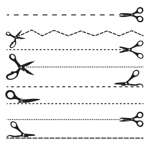Immagini con forbici e linee di taglio. strumenti per modelli di design. scissor nero che divide la linea tratteggiata. illustrazione vettoriale