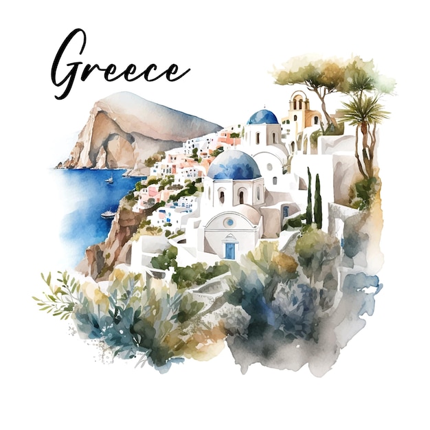 Vector picturesque landscape of greece watercolor art sea