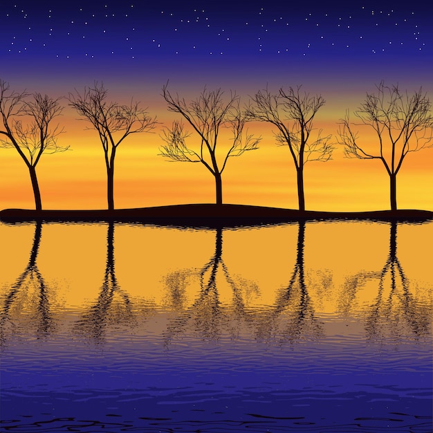 Vettore riflessione pittoresca nel lago, alberi sullo sfondo di un cielo al tramonto e stelle, illustrazione vettoriale