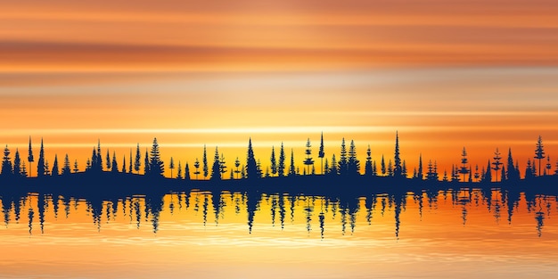地平線と夕焼け空の森の絵のような反射