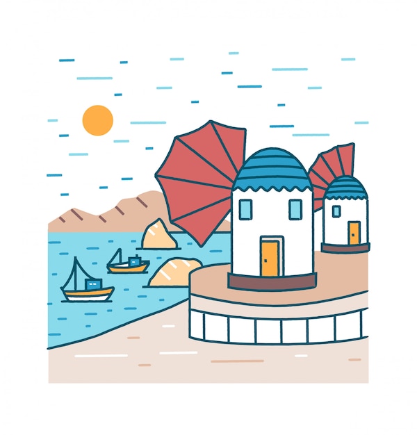 picturesque seaside scenery with boats or ships sailing in sea and buildings standing on shore against rocky mountains and sun on background