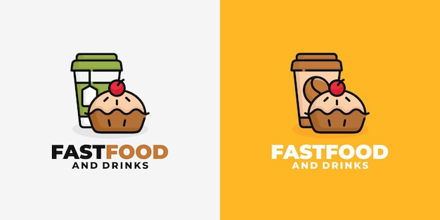 Pie cake and drink fast food logo design vector