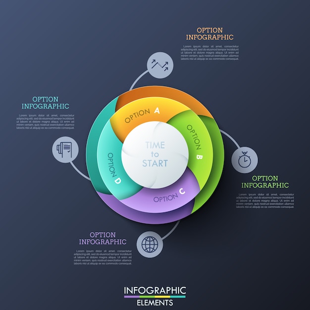 Вектор Круговая диаграмма разделена на четыре красочные спиральные части, соединенные тонкими линиями пиктограмм и текстовых полей. концепция четырех вариантов на выбор.