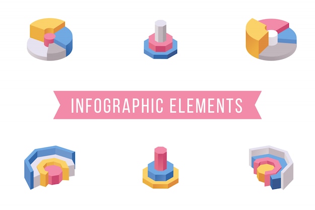 Vector pie chart elements isometric illustrations set