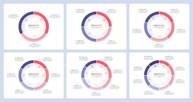 Modelli infografici di grafici a torta divisi per 3 4 5 6 7 8 parti illustrazione vettoriale