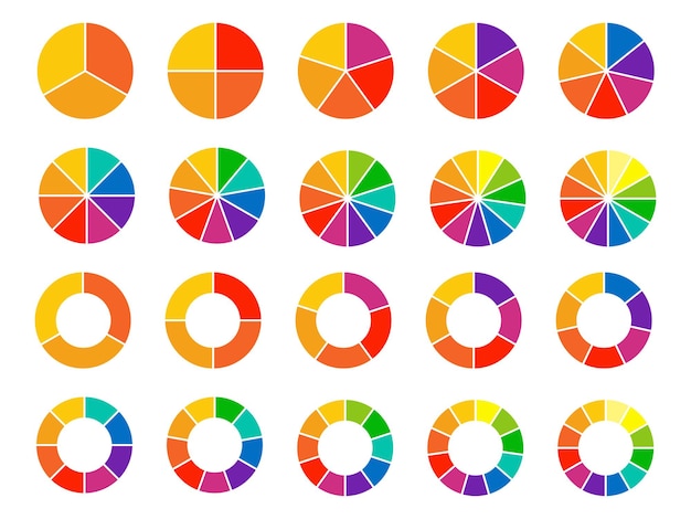 Diagrammi di grafici a torta insieme di cerchi di colore diverso isolati