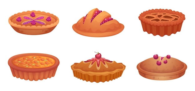 Vector pie cooking delicious bakery products with various natural tasty fruits holiday desert exact vector cakes illustration of pie cake food