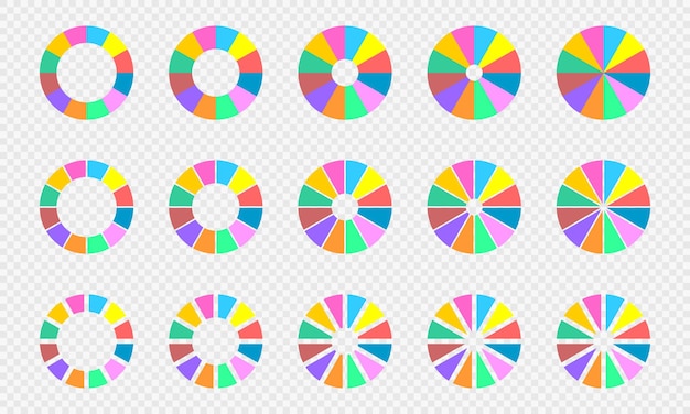 Pie and donut charts set infographic circle diagrams divided in 12 equal sections of different color