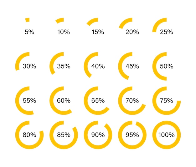 Vettore insieme dell'icona del grafico a torta. illustrazione piana di vettore. elementi di design del cerchio di caricamento percentuale su bianco.