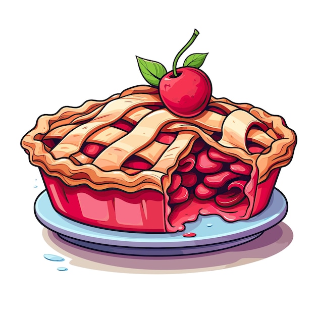 A pie with a cherry on it sits on a plate with a strawberry on it.