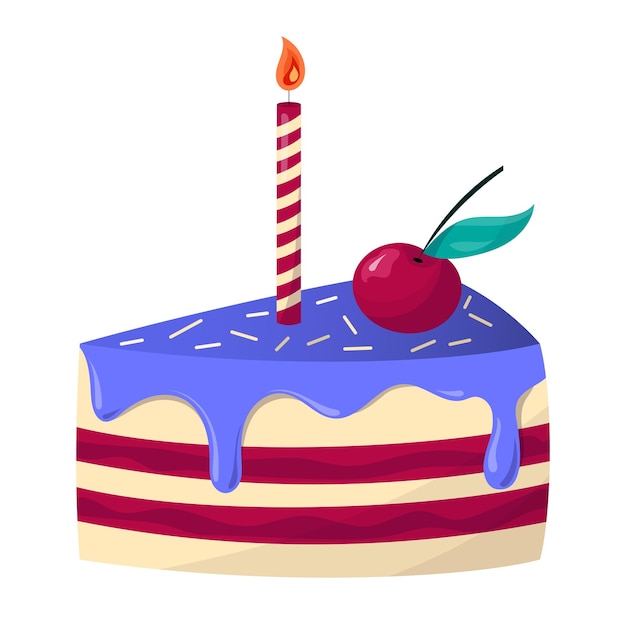 Vector a piece of birthday cake with a candle icing and sprinkling cherry berry cake slice vector isolated