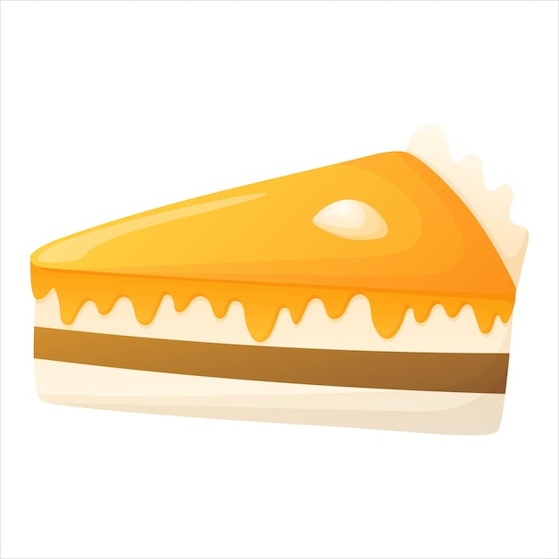 Vector piece of cake or cheesecake with orange icing vector cartoon isolated illustration of sweet dessert