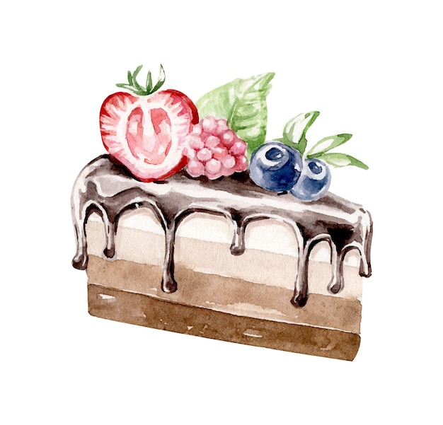 Vector piece of cake decorated with chocolate cream and berries