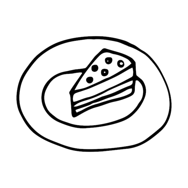 Piece of cake on plate doodle style vector illustration isolated on white