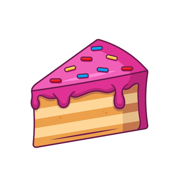 Piece of cake with pink cream and decorative topping in flat cartoon style.