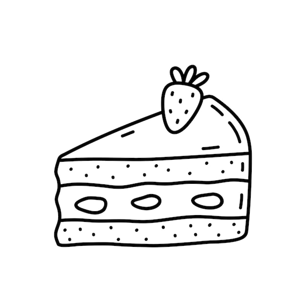 Piece of cake with strawberry isolated on white background Hand drawn illustration in doodle style