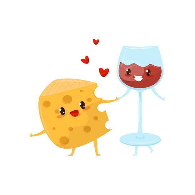 Piece of cheese and glass of wine are friends forever cute funny food cartoon characters vector Illustration isolated on a white background