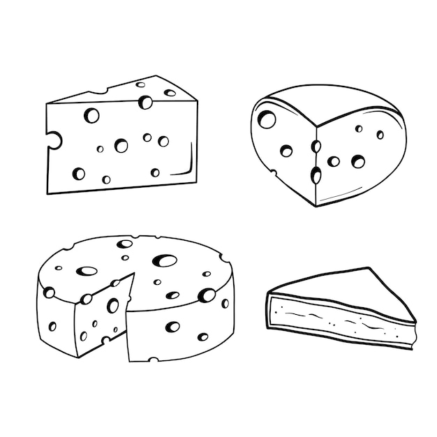 Pezzo di formaggio con fori e camembert brie isolato su bianco illustrazione della linea vettoriale set di prodotti lattiero-caseari in stile doodle