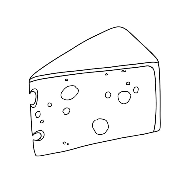 Кусок сыра с дырками, молочные продукты, еда, каракули, линейная мультяшная раскраска