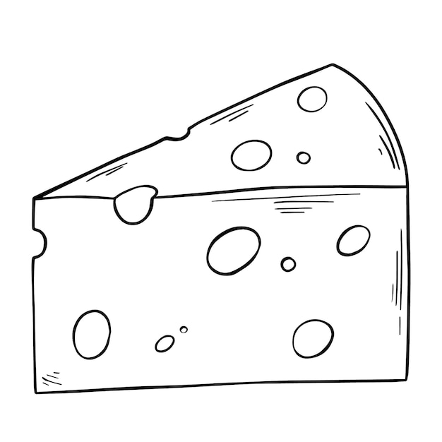 Piece of cheese with holes ingredient for eating doodle linear cartoon