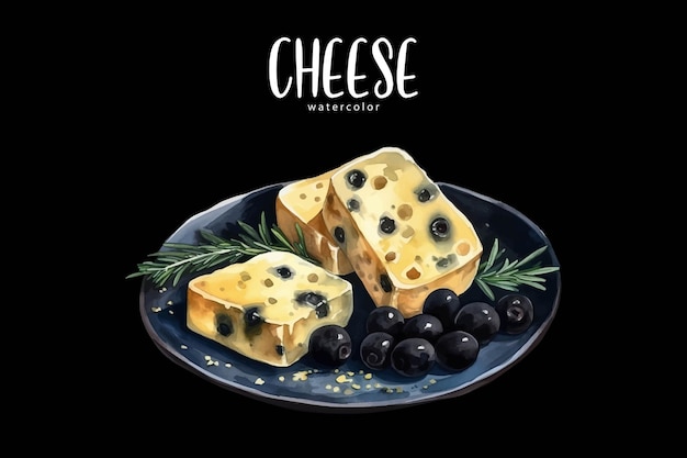 Vector a piece of cheese with olives and a black background