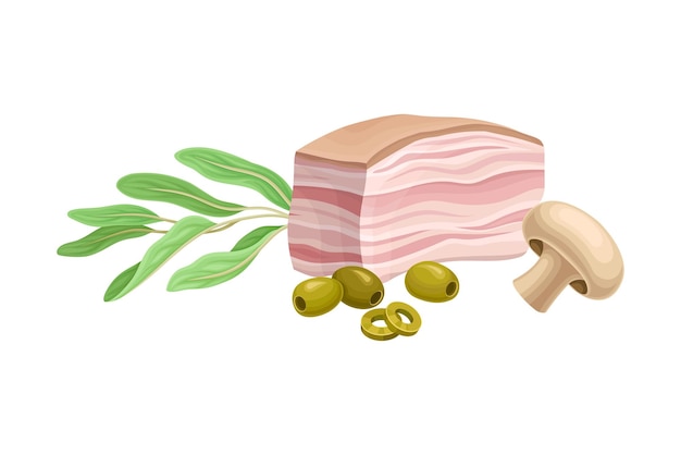 Vector piece of fresh lard or bacon with olives and mushroom nearby vector composition