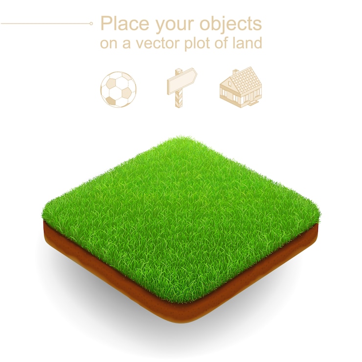 Vector piece of garden. 3d realistic vector. square plot of land with a green grass and a brown cut of soil.